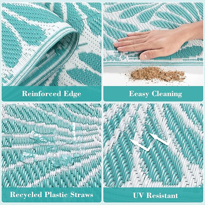 Lahome Outdoor Plastic Straw Rugs 8x10 Waterproof, Reversible Rv Outdoor Rugs for Camping, Large Outside Carpet for Camper Picnic Beach Pool Patio Deck, Teal 8'x10'