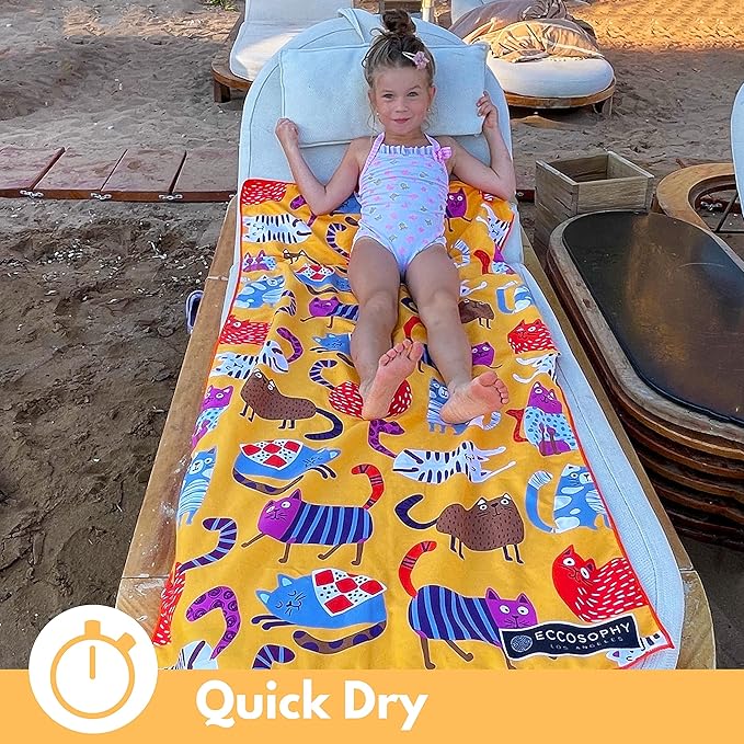ECCOSOPHY Microfiber Kids Beach Towels & Pouch 60"x30" for Girls & Boys - Quick Dry Pool Towels - Sand Free Beach Blanket for Travel - Camping - Vacation - Toallas Playas