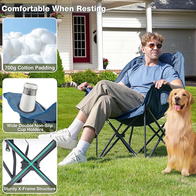 Oversized Camping Chair, Portable Folding Padded Camp Chairs with Side Pocket, Cup Holder, Heavy Duty Support 500LBS Outdoor Lounge Chair for Adults, Fishing, Sports, Trip, Navy Blue