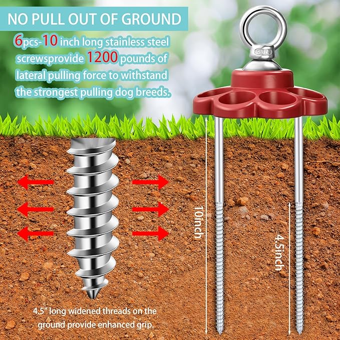 360° Swivel Dog Tie Out Cable and Stake Stainless Steel Heavy Dog Stake 1200 Lbs of Pull Force, Rust Proof No Tangle Holds for Yard Outdoor Camping, Contains Screws (Red)