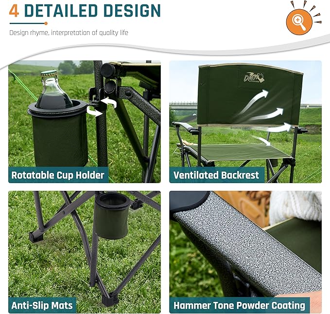 Oversized Folding Camping Chairs for Adults Heavy Duty Camp Chair Support 400 LBS Steel Frame Metal Arm Lawn Chairs with Swivel Cup Holder & Hollow Backrest Extra Large Outdoor Chairs Green