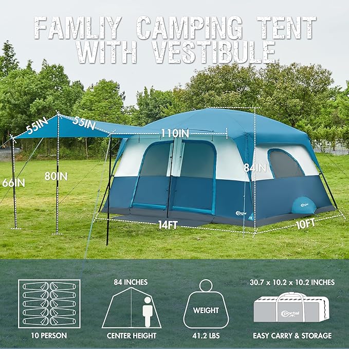 PORTAL 6 | 8 | 10 Person Family Camping Tent with Porch, Big Family Camping Tent with Tall Height, Good Ventilation, Water Resitant Large Tent for Outdoor Camping, Backyard