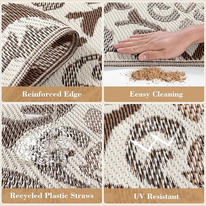 Lahome Outdoor Area Rugs 8x10 Patio Waterproof, Reversible Plastic Straw Rv Outdoor Rugs for Camping, Large Indoor Outdoor Carpet for Porch Deck Backyard Camper Picnic, Khaki 8'x10'