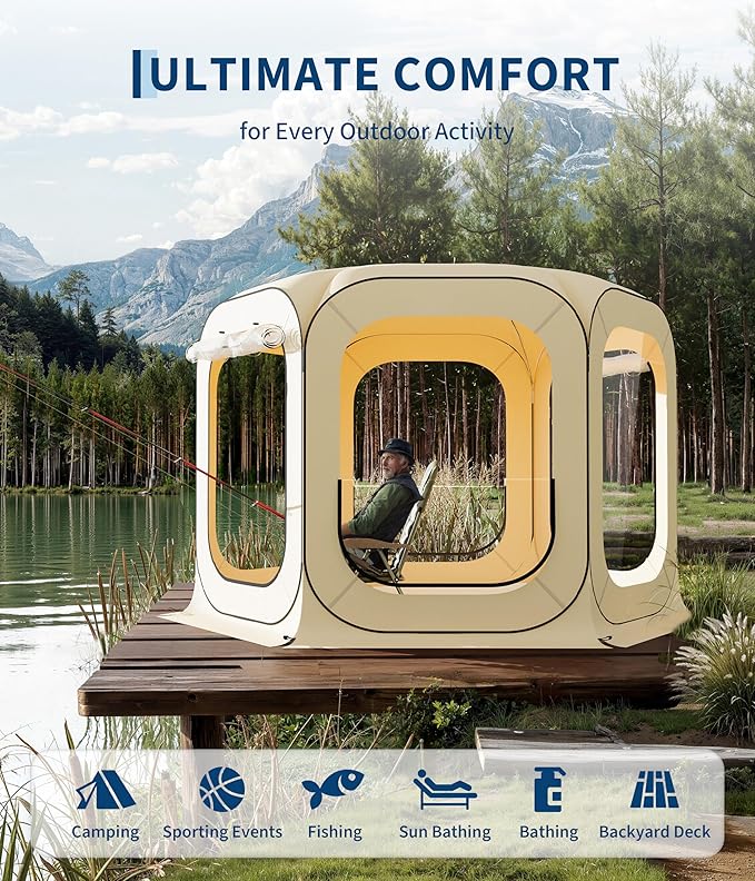 12x12 Ft Outdoor All Weather Pop Up Tent, 8-10 Person Instant Tent Shelter, Rainproof Camping Sun Shelter Coldproof & Windproof for Patio, Backyard, Deck, Sports Events, Beige