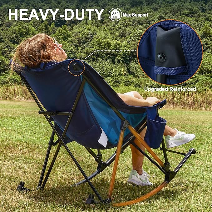 Rocking Camping Chair, Heavy Duty, High Back Oversized Portable Folding Chair with Side Cup Holders, Pocket for Beach, Fishing,Trip,Picnic,Lawn,Concert Outdoor Foldable Camp Chairs, Blue
