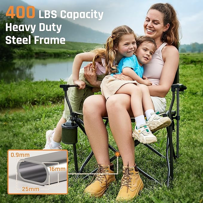 Oversized Folding Camping Chairs for Adults Heavy Duty Camp Chair Support 400 LBS Steel Frame Metal Arm Lawn Chairs with Swivel Cup Holder & Hollow Backrest Extra Large Outdoor Chairs Green