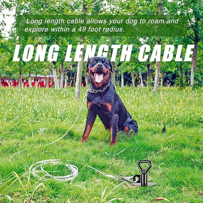 SELEWARE 49 ft Dog Tie Out Cable and Stake, Anti-Rust Dog Anchor with Composed of Stainless Steel Wire Cable for Large Dogs up to 220 lbs, Free Swivel Dog Stake Dog Camping Gear