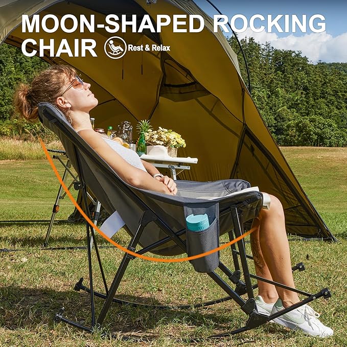 Oversized Camping Chair for Adults, Lawn Chairs Outdoor Fold up, Rocking Camping Chairs with Pillow for Picnic, Heavy-Duty 600D Oxford Cloth with Cup Holder, 350 Pound Capacity, Grey.