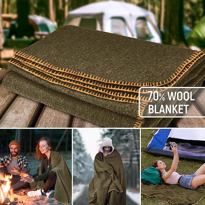 JMR Wool Camping Blanket - Warm Heavy Car Blanket & Camp Quilt - Survival Emergency Blanket for Sleeping Outdoors - Multi-Use Wool Blanket for Camping, Car & Home - 80% Wool, Olive Green, 66X90