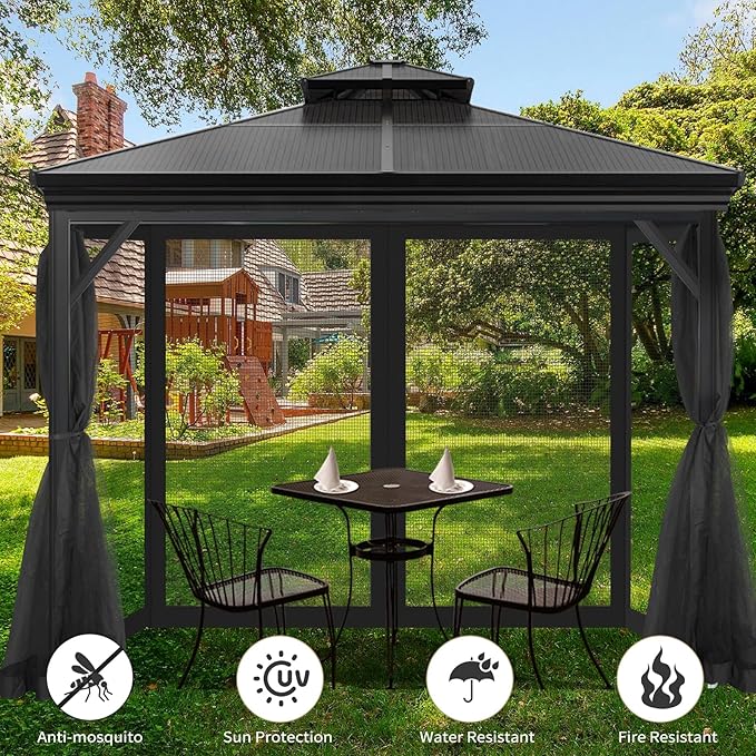 Gazebo Universal Replacement Mosquito Netting, 10' x 10' Outdoor Mesh Netting Screen 4-Panel Sidewall with Zipper for Patio, Canopy, Garden and Backyard, Black(Mosquito Net Only)