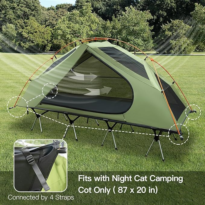 Night Cat Camping Cot Tent for 1 Person Off Ground Elevated Tent Cot Foldable Camping Sleeping Bed with Rainfly Waterproof Green