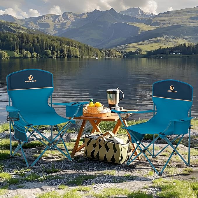 ALPHA CAMP Folding Camping Chairs for Adults Lawn Chairs Outdoor Chairs Support 250 LBS Portable Camp Chairs with Cup Holders Cooler Pouch for Outdoor, 2 Pack (Blue)