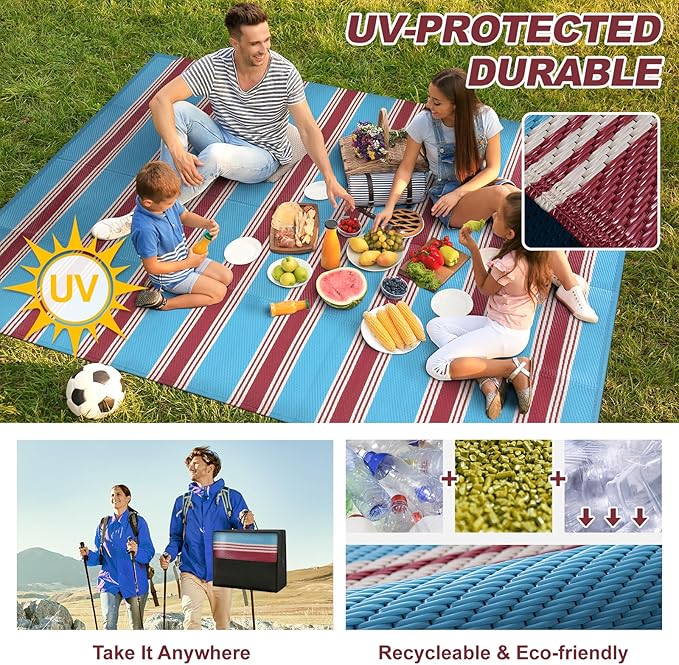 Lahome Striped Outdoor Rug Waterproof, 6x9 Reversible Outdoor Plastic Straw Rug for Camping, RV Patio Rugs Large Carpet for Porch Deck Backyard Balcony Picnic(Blue/Red,6'x 9')