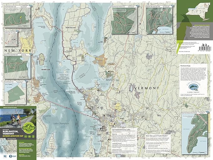 Burlington Vermont Outdoor Adventure Map | Burlington Hiking Map | Hiking trails of Shelburne, VT and Essex, NY | Durable, Waterproof & Tear Resistant