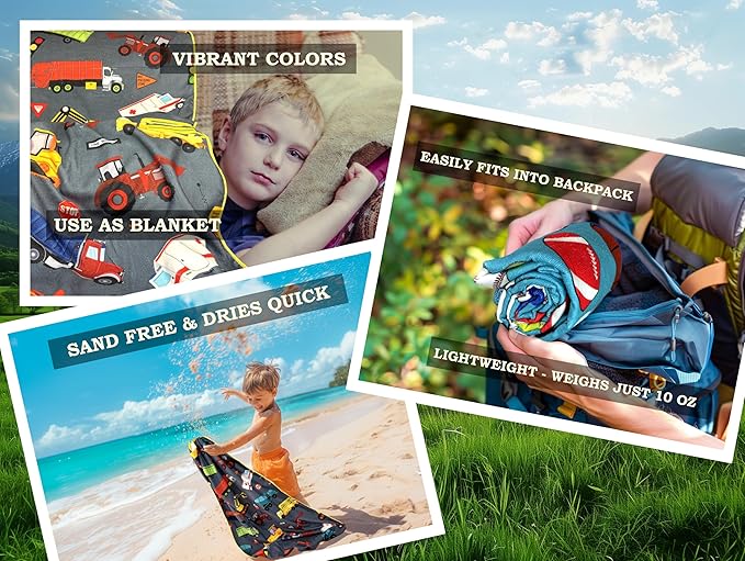 Microfiber Beach Towel for Kids - Thin and Large (30"x60") - Trucks - Absorbent, quick dry, sand free, lightweight, blanket- toddler, girls, boys - For Sports, Pool, Picnic, Camping, Travel, Swim
