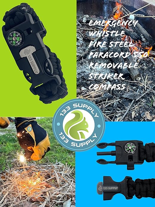 Adjustable Paracord Bracelet Compass Hiking Survival Whistle Loud, Emergency Fire Starter Kit, Camping Accessories Fishing Hunting EDC Backpacking Gear, Tactical Survival Gear and Equipment