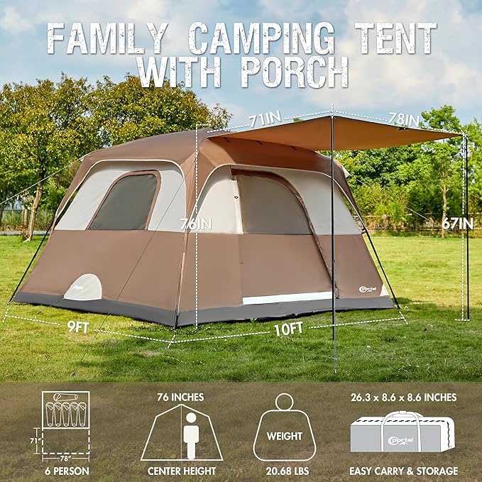 PORTAL 6 | 8 | 10 Person Family Camping Tent with Porch, Big Family Camping Tent with Tall Height, Good Ventilation, Water Resitant Large Tent for Outdoor Camping, Backyard
