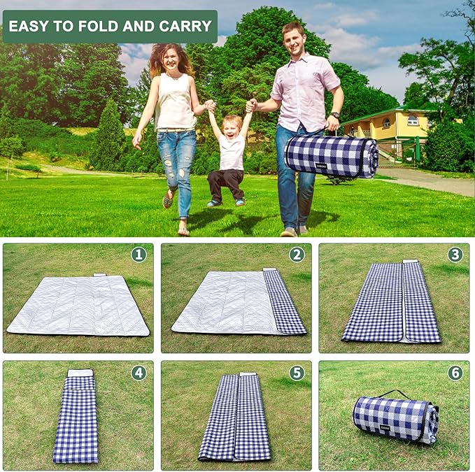 80''x100'' Extra Large Picnic Beach Blankets Waterproof Sandproof Foldable, Machine Washable Simple Stylish Gingham Outdoor Blankets Grass Lawn Park for Family Camping Party