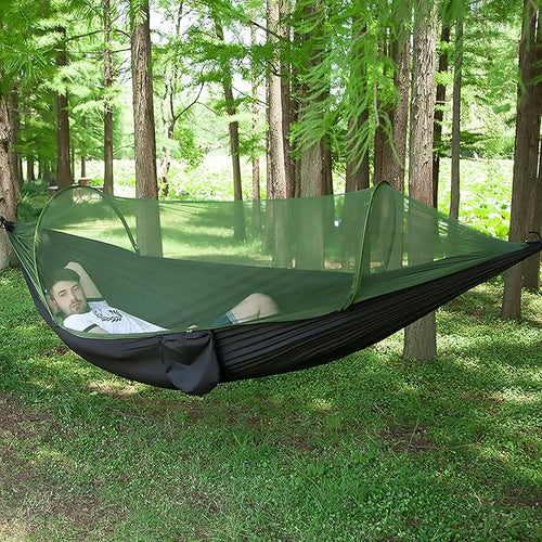 LFL Camping Hammock with Mosquito Net, Hammocks with 13ft Tree Straps Carabiners, Automatic Quick Open Outdoor Portable Hammock, Nylon Parachute Material Outside Hammocks (Black)