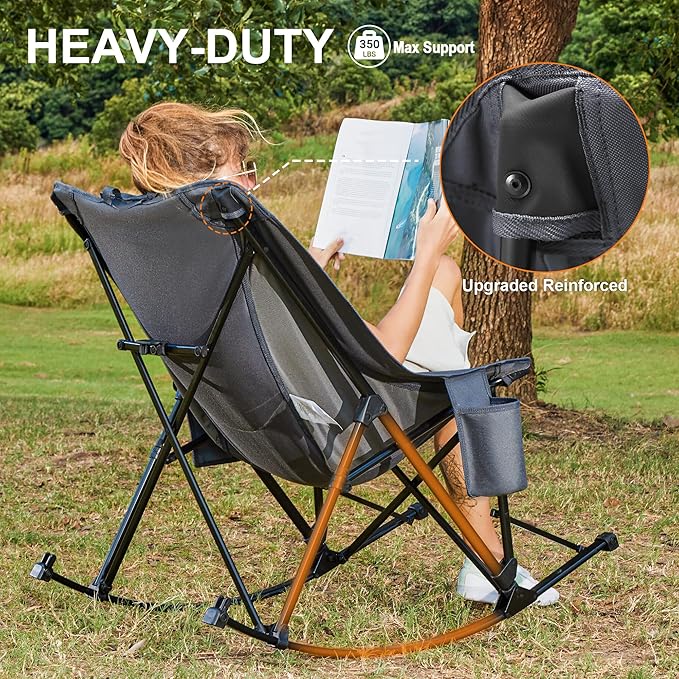 Oversized Camping Chair for Adults, Lawn Chairs Outdoor Fold up, Rocking Camping Chairs with Pillow for Picnic, Heavy-Duty 600D Oxford Cloth with Cup Holder, 350 Pound Capacity, Grey.