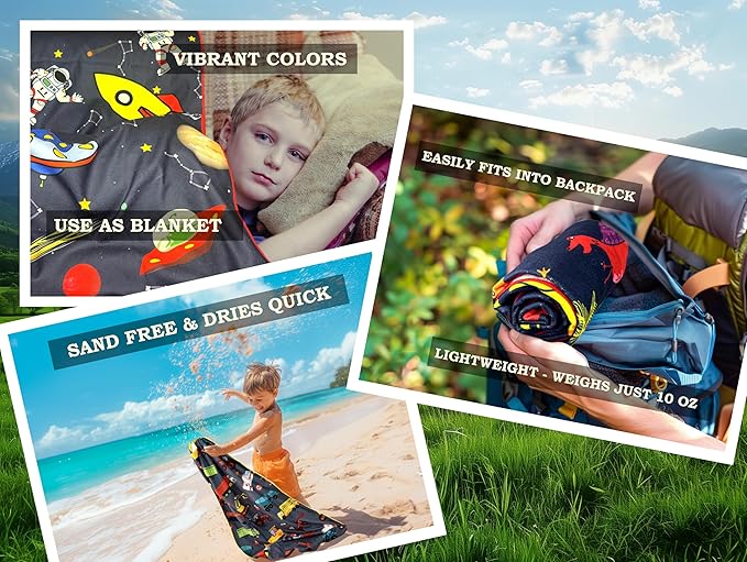 Microfiber Beach Towel for Kids - Thin and Large (30"x60") - Space - Absorbent, quick dry, sand free, lightweight, blanket - toddler, girls, boys - For Sports, Pool, Picnic, Camping, Travel, Swim