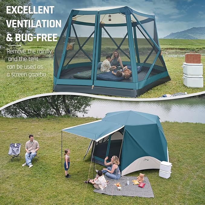 Instant Tents for Camping Pop Up Screen Tent with Rainfly and Porch, 6 Person Large Family Camping Tent with Floor, Easy 60S Setup Hub Tent for Outdoor Picnic Backyard, 11.5'L x 10'W x 6.83'H