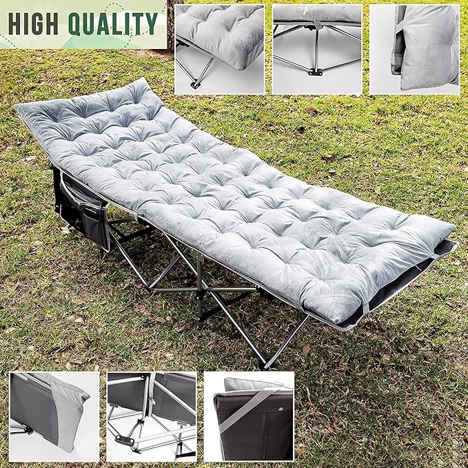 Zento Camping Cot and Mattress Folding Outdoor Travel Bed 4 Pack- Heavy Duty Max Load 450 LBS Premium Quality Cot Bed with Pad for Comfort Sleeping for Travel Home and Anytime Use