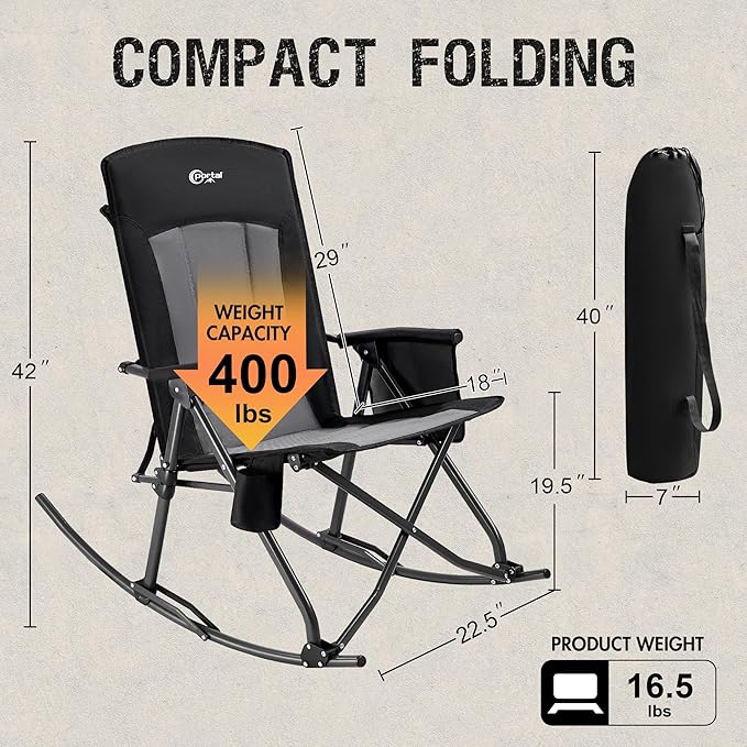 PORTAL Oversized Folding Rocking Camping Chair Portable Outdoor Rocker with High Back Hard Armrests Carry Bag, Supports 400 lbs