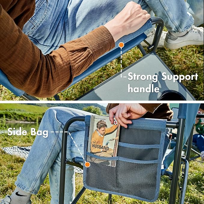 PORTAL Directors Chair Camping Chairs for Adults with Side Table Folding Lawn Chairs for Adults, Directors Chairs Foldable for Outdoor Chairs for Beach, Travel, Heavy Duty Supports 300LBS, Blue/Grey