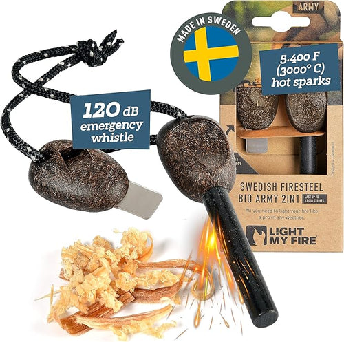 Light My Fire Flint Fire Starter Ferro Rod Survival Tool Army — Fire Steel Bushcraft Gear — Flint and Steel Magnesium Fire Starter Kit — 3/8” 2-in-1 Fire Starters for Campfires — 12,000 Strikes