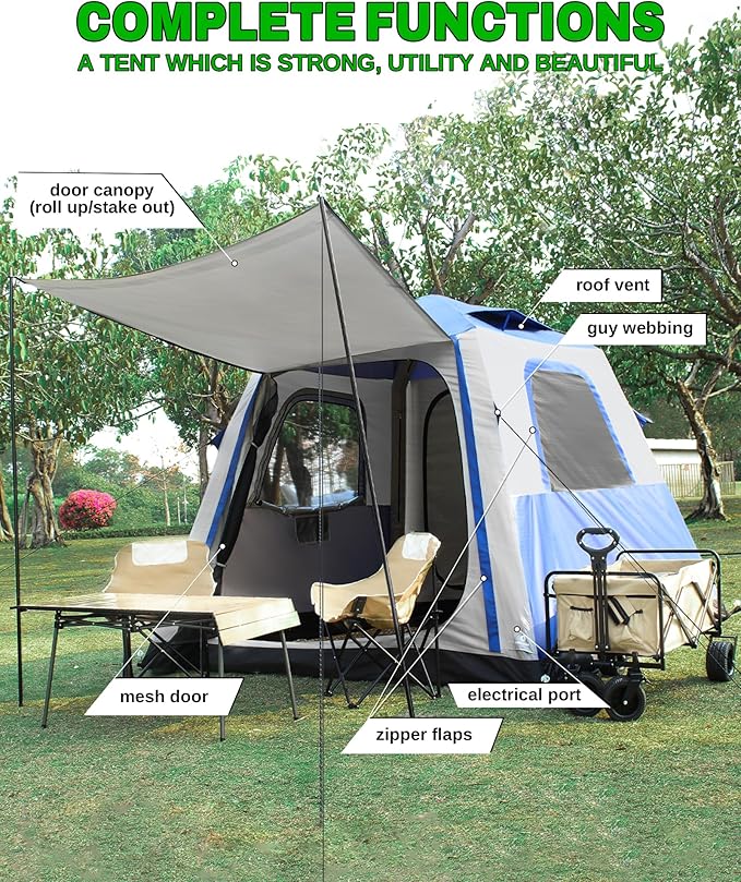 Inflatable Tent for Camping, 8.2x8.2FT Large 4-6 Person Blow up Tent with 2 Doors and 4 Screen Mesh Panels, Footprint Included(Sapphire & Light Gray)