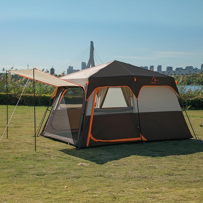 KTT Large Tent 6-12 Person,Family Cabin Tents,Straight Wall,3 Doors and 3 Windows with Mesh,Waterproof,Big Tent for Outdoor,Picnic,Camping,Family,Friends Gathering.