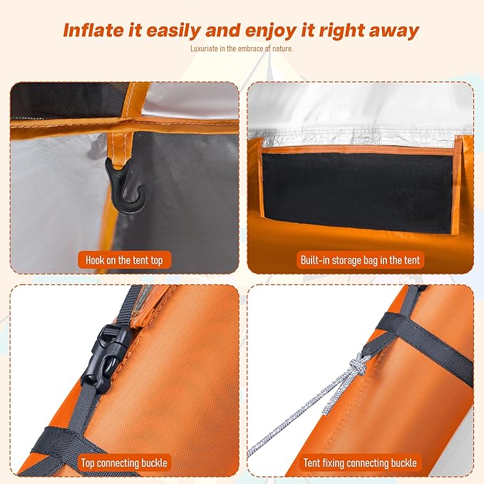 Automatic Inflatable Tent for Camping 4 Person, Pop Up Tents for Camping with 2-3 Min Set Up, Windproof Waterproof Tents with Mosquito Screen Window, Portable Tent for Traveling