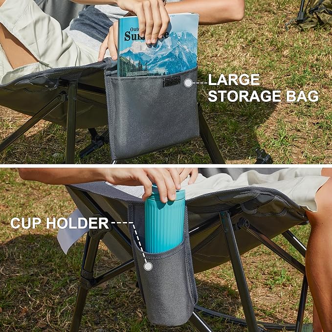 Oversized Camping Chair for Adults, Lawn Chairs Outdoor Fold up, Rocking Camping Chairs with Pillow for Picnic, Heavy-Duty 600D Oxford Cloth with Cup Holder, 350 Pound Capacity, Grey.
