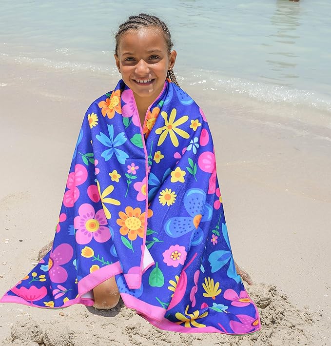 Microfiber Beach Towel for Kids - Thin and Large (30"x60") - Floral - Absorbent, quick dry, sand free, lightweight, blanket - toddler, girls, boys - For Sports, Pool, Picnic, Camping, Travel, Swim