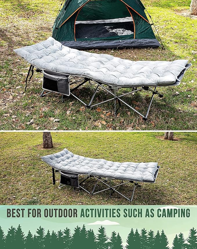 Zento Camping Cot and Mattress Folding Outdoor Travel Bed 4 Pack- Heavy Duty Max Load 450 LBS Premium Quality Cot Bed with Pad for Comfort Sleeping for Travel Home and Anytime Use