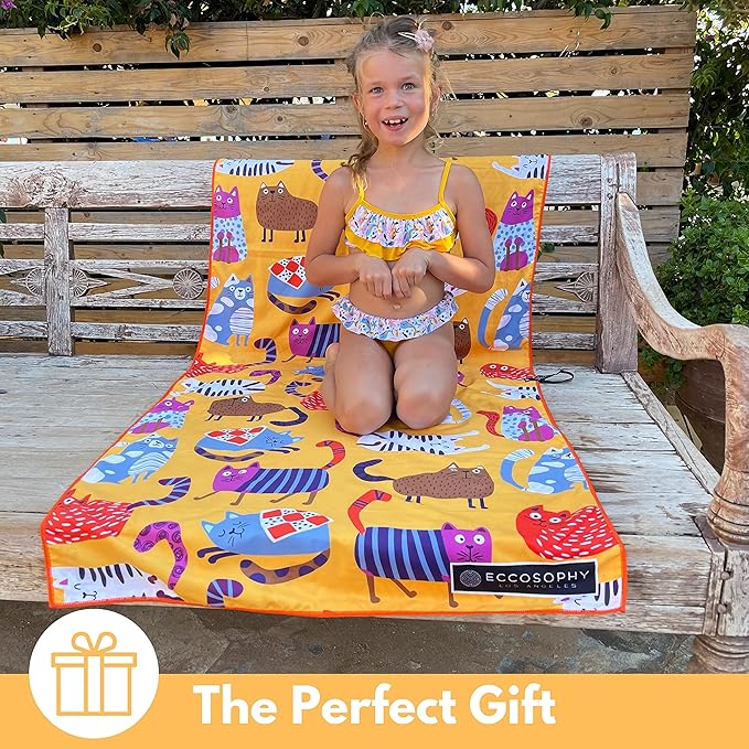 ECCOSOPHY Microfiber Kids Beach Towels & Pouch 60"x30" for Girls & Boys - Quick Dry Pool Towels - Sand Free Beach Blanket for Travel - Camping - Vacation - Toallas Playas