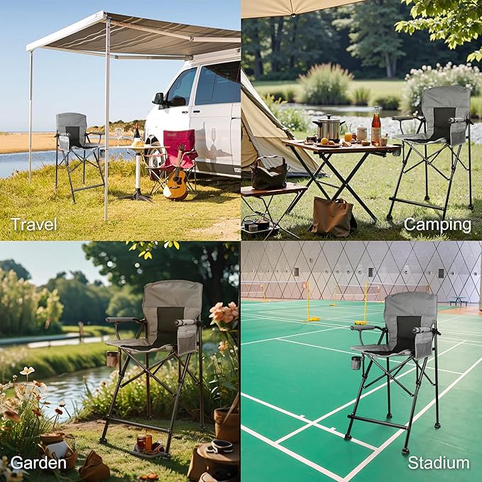 LANMONTAIN Extra Tall Directors Chair,Foldable w/Cup Holder,Side Mesh Pocket,Comfy Bar Height Camping Chairs for Adults,Heavy Duty Supports 350 Lbs,Hard Arm,Black&Grey