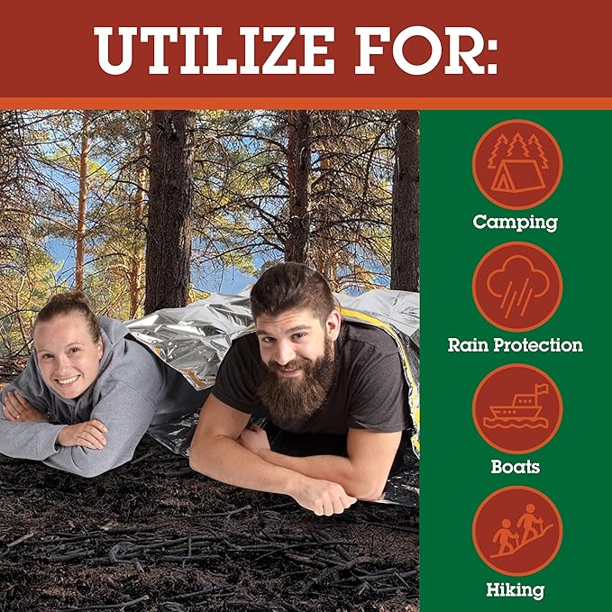 Emergency Thermal Sleeping Bags Weatherproof Mylar Disaster Survival Bivouac | 7 ft x 3 ft | Compact Lightweight Shelter Signal Reflective Utility | Premium Prepper