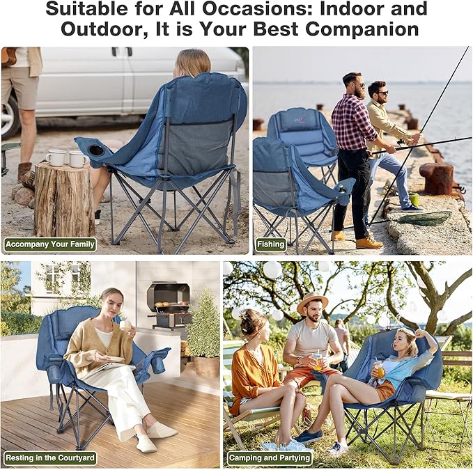 Oversized Camping Chair, Portable Folding Padded Camp Chairs with Side Pocket, Cup Holder, Heavy Duty Support 500LBS Outdoor Lounge Chair for Adults, Fishing, Sports, Trip, Navy Blue