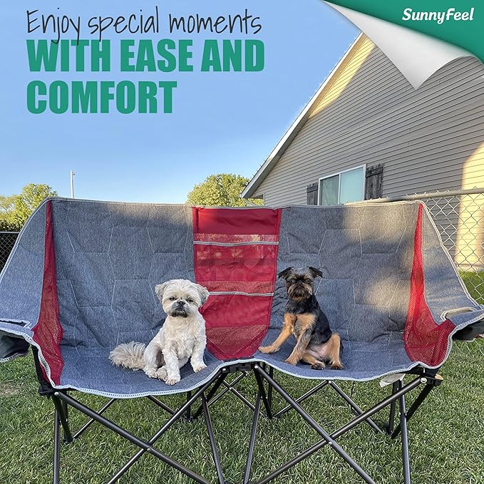 SUNNYFEEL Folding Double Camping Chair, Oversized Loveseat Chair, Heavy Duty Portable/Foldable Lawn Chair with Storage for Outside/Outdoor/Travel/Picnic, Fold Up Camp Chairs for Adults 2 People