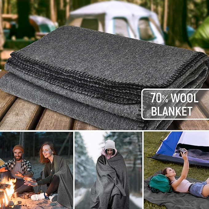 JMR Wool Camping Blanket - Warm Heavy Car Blanket & Camp Quilt - Survival Emergency Blanket for Sleeping Outdoors - Multi-Use Wool Blanket for Camping, Car & Home - 80% Wool, Grey, 66X90