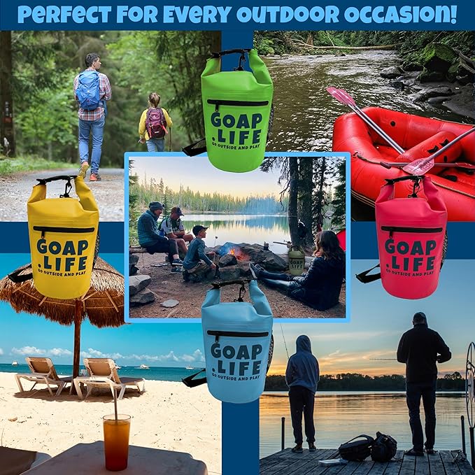 GOAP 10L Waterproof Dry Bag for Beach, Fishing, Camping, and Hiking - Rolltop Design with Crossbody Strap, Water Bottle Pocket, and Zipper Pocket