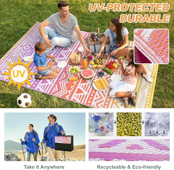 Lahome Outdoor Rug 8x10 Patio Waterproof, Reversible Outdoor Plastic Straw Rug for Camping, RV Patio Rugs Outside Large Carpet for Porch Deck Backyard Picnic(Orange/Purple,8'x 10')