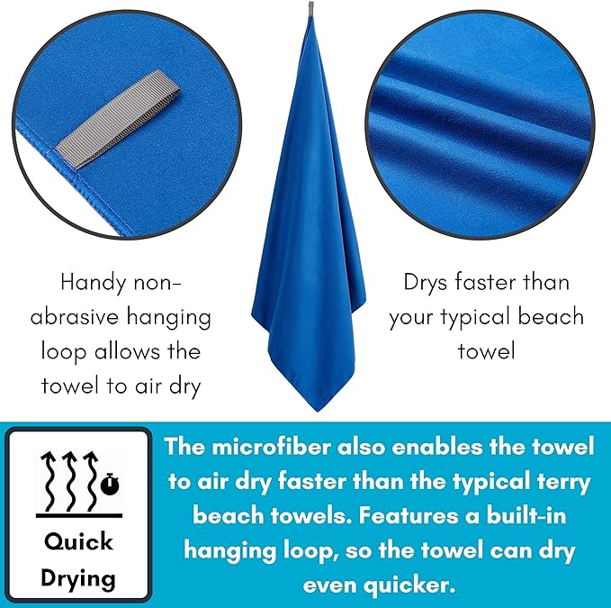 BIRDROCK HOME Multi-Purpose Microfiber Towel for The Beach, Travel, Pets or Camping - Large 31 x 63” - Blue - Quick-Dry - Absorbent Lightweight Compact - Bag - Kids Hiking Outdoor - Corner Pockets