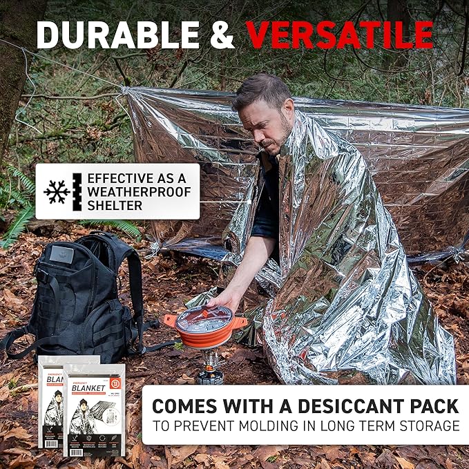 72 HRS MIL-SPEC Emergency Space Blankets – Mylar Survival or Emergency Thermal Blankets for Camping, Hiking, Marathon, First Aid, Emergency Preparedness, Extreme Weather, Shelter (4-Pack)