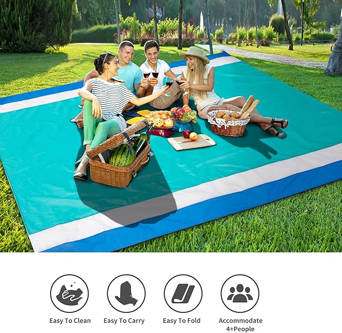 Beach Blanket Waterproof Sandproof Beach Mat 79" X 83" /10'x9'for 2-8 Adults Quick Drying Outdoor Picnic Mat Beach Accessories for Travel, Camping, Hiking