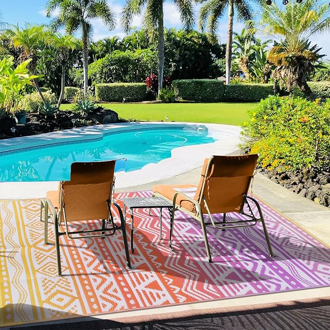 Lahome Outdoor Rug Waterproof, 5x8ft Reversible Outdoor Plastic Straw Rug for Camping, RV Patio Rugs Outside Carpet for Porch Deck Backyard Balcony Picnic(Orange/Purple,5'x 8')