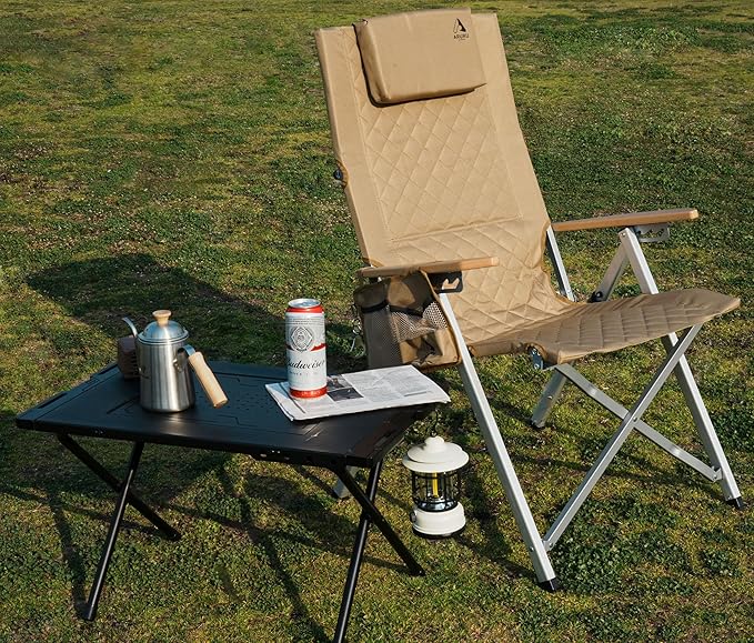 Camping Reclining Chair, Heavy Duty Folding Chairs with 4-Stage Adjustable High Back for Adults, Compact Foldable Outdoor Patio Reclining Chair with Storage Bag (Khaki)