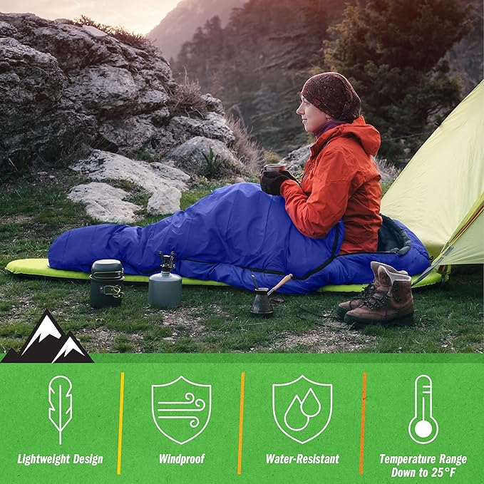 Mummy Sleeping Bag - Adult Cold Weather Sleeping Bag Rated to 25°F - Waterproof with Drawstring Hood - Camping Equipment by Wakeman Outdoors
